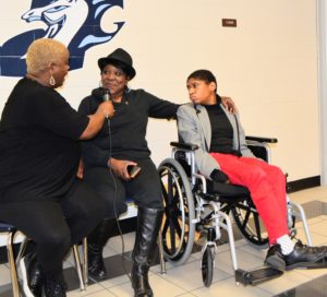 SHOWAbility Board Chair Twanda Black interviews Board member Norma Stanley with her daughter, Sierra, at the Disability Awareness Career Day.