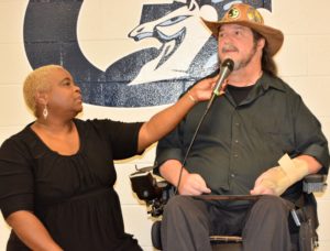 SHOWAbility Board Chair Twanda Black interviews Jazz singer Rusty Taylor (wheelchair user) at the Disability Awareness Career Day.