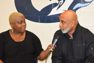 SHOWAbility Board Chair Twanda Black interviews Entertainment Industry executive Terry Moorer (who has cerebral palsy) at the Disability Awareness Career Day.