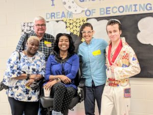 SHOWAbility Board Chair Twanda Black, SHOWAbility supporter David Bell, Mrs. Wheelchair International, Yvette Peguese, Martha Anger (actor and deaf film professional), and DELVIS (teen singer and Elvis Entity) take a photo together at the Disability Awareness Career Day.
