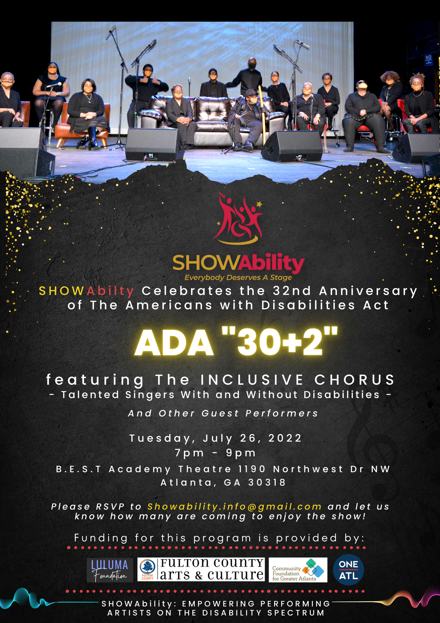 ADA 30+2 flyer with an image of the inclusive chorus and details for the event.